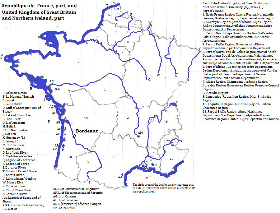 map showing part of the République de France, and part of the United Kingdom of Great Britain and Northern Ireland, 2000 CE